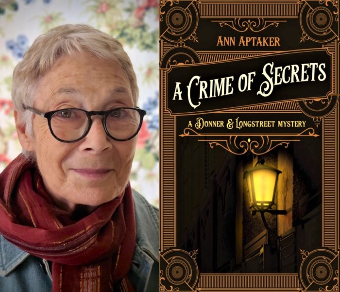 A picture of author Ann Aptaker next to the cover of her novel A Crime of Secrets